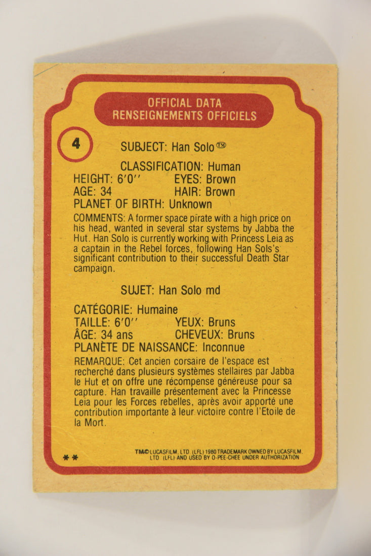 Star Wars Empire Strikes Back 1980 Trading Card #4 Han Solo FR-ENG OPC L020296