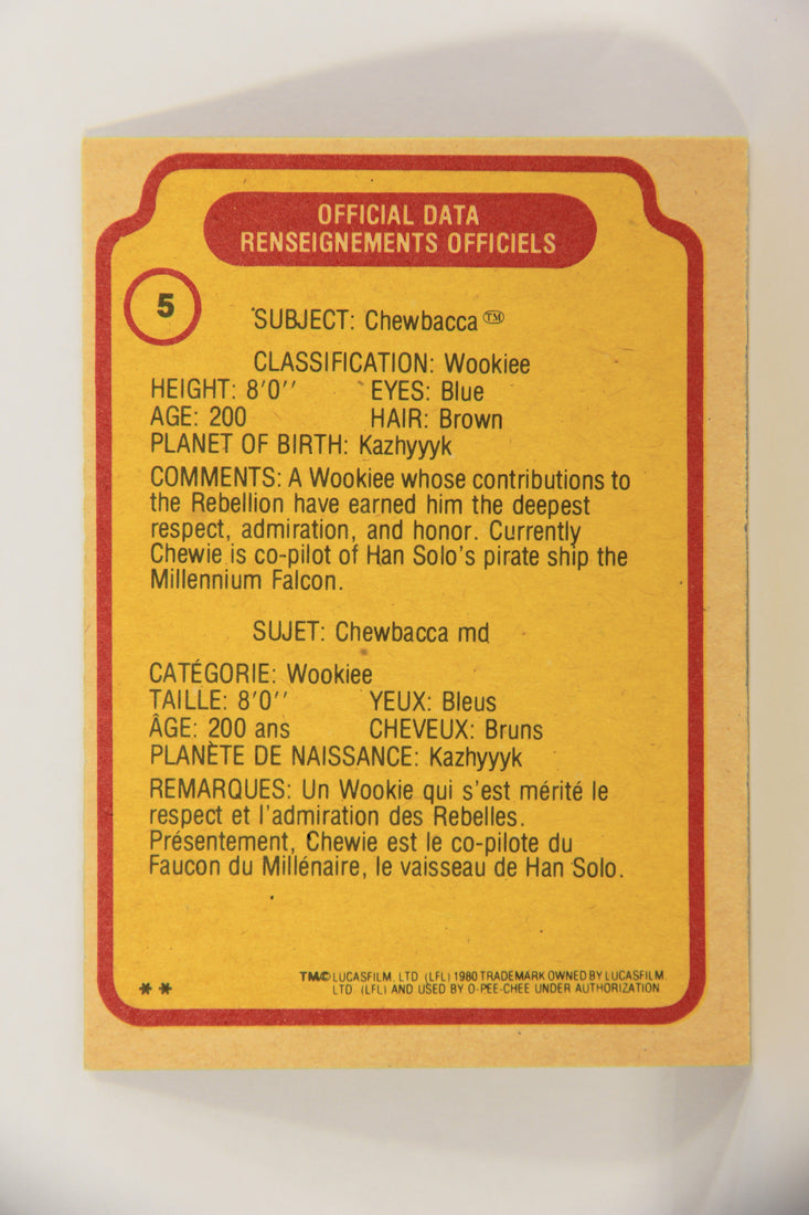 Star Wars Empire Strikes Back 1980 Trading Card #5 Chewbacca FR-ENG OPC L020297