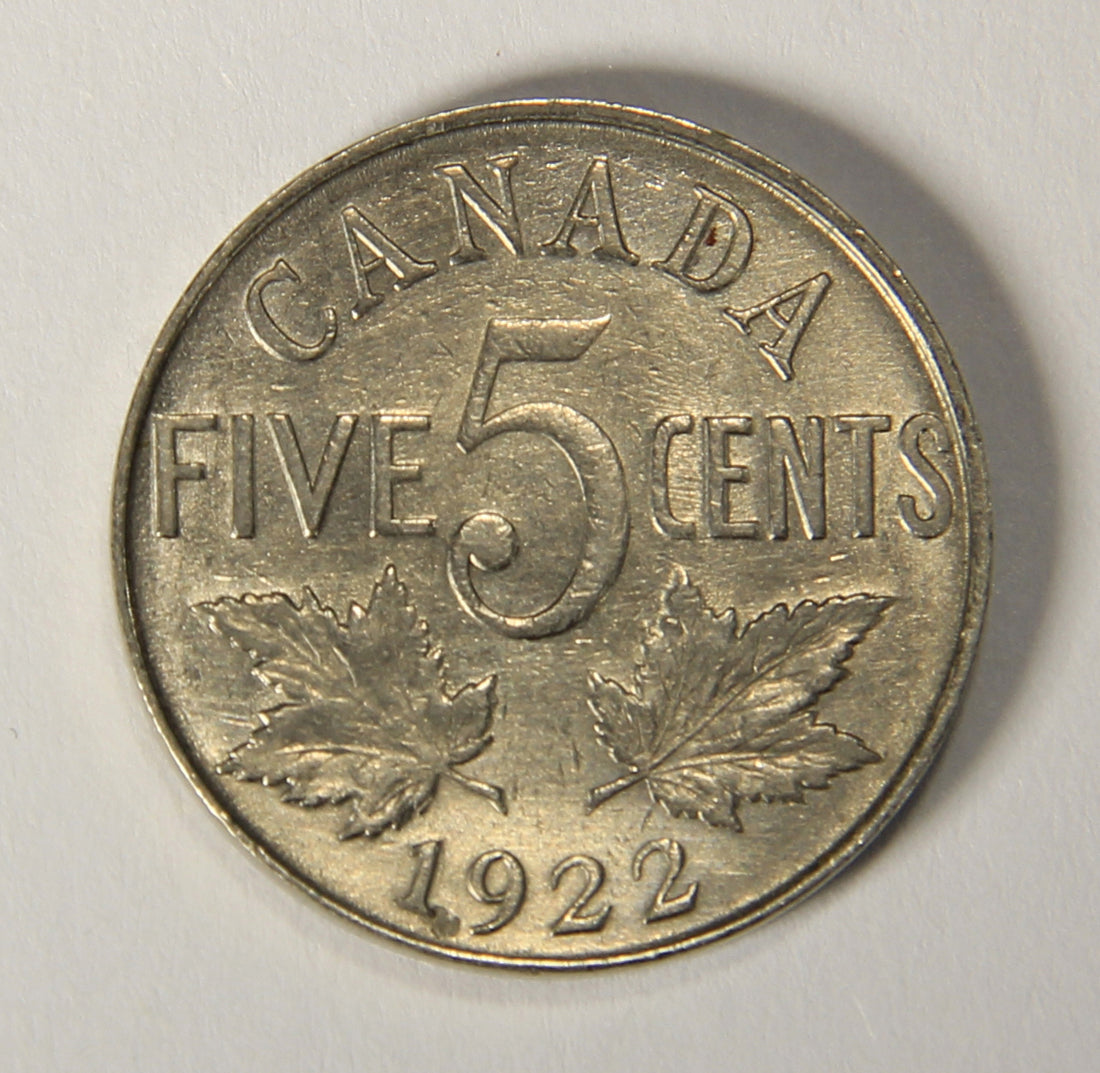 1922 Canada 5 Cents George V - Near S Variant Nickel Coin Five Cents L021908