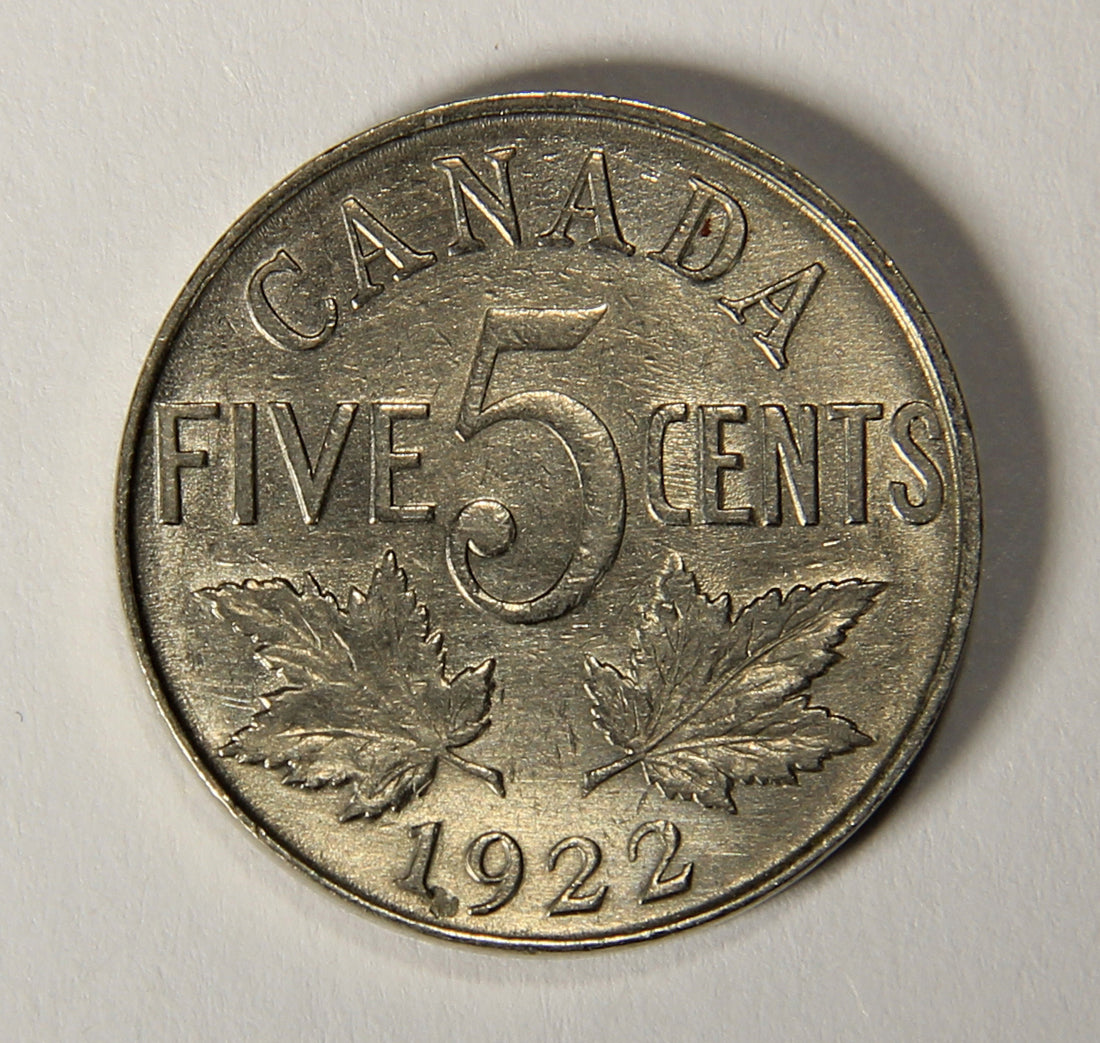 1922 Canada 5 Cents George V - Near S Variant Nickel Coin Five Cents L021908