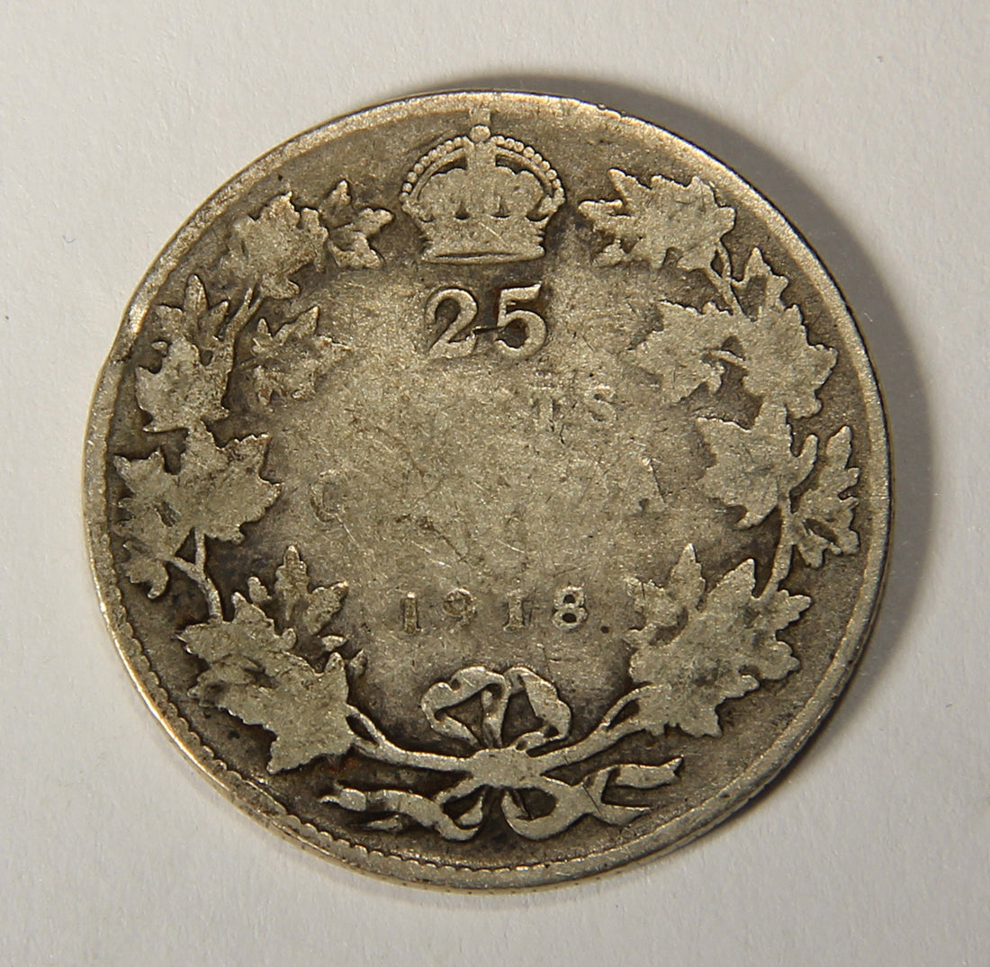 1918 Canada 25 Cents King George V - Silver Coin .925 Twenty-Five Cents L021917