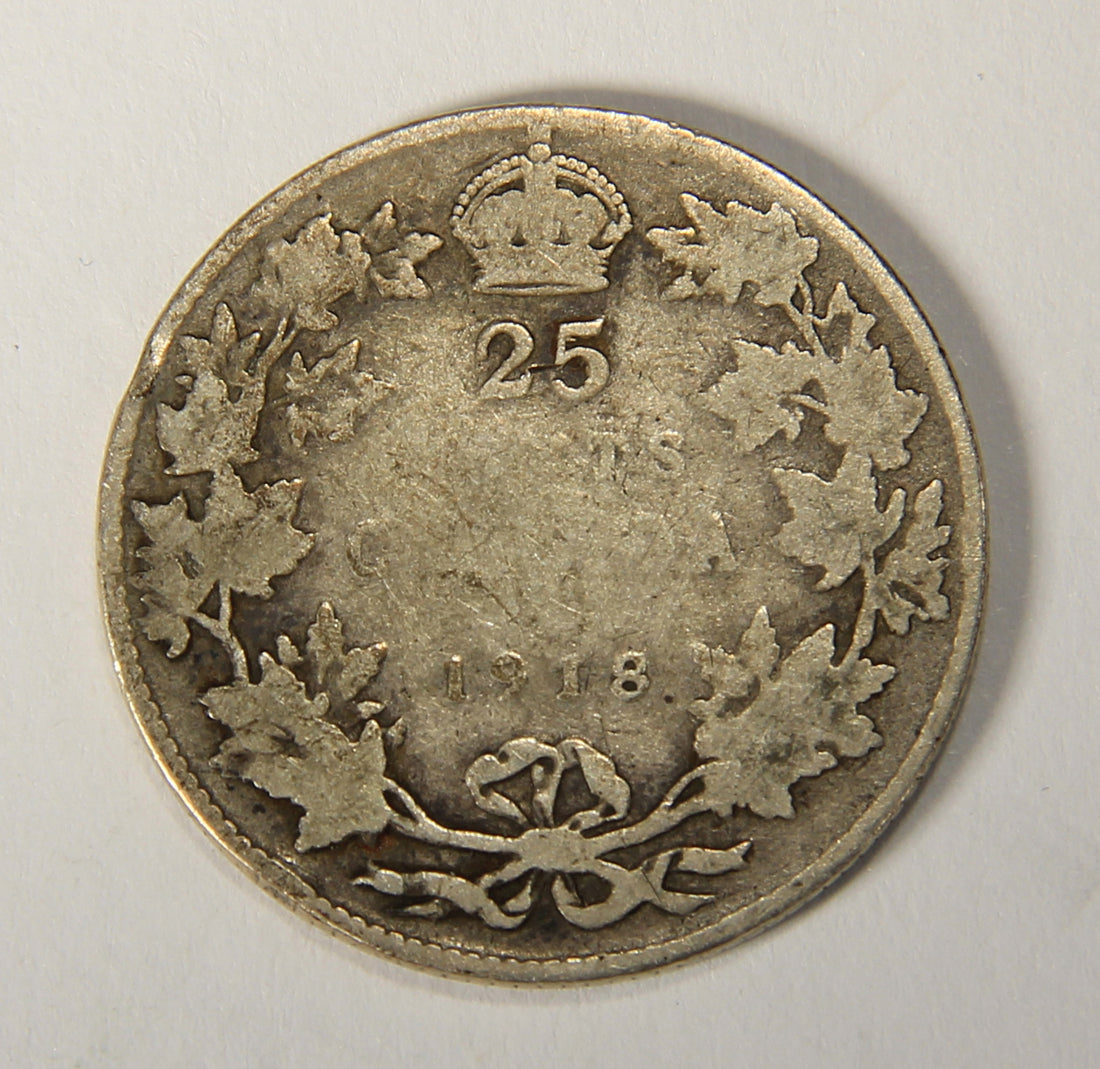 1918 Canada 25 Cents King George V - Silver Coin .925 Twenty-Five Cents L021917