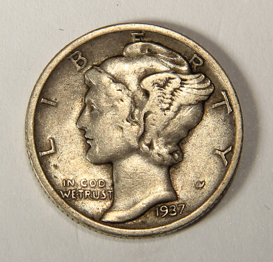 1937-D United States 10 Cents Mercury Dime Silver Coin .900 Ten Cents L021925