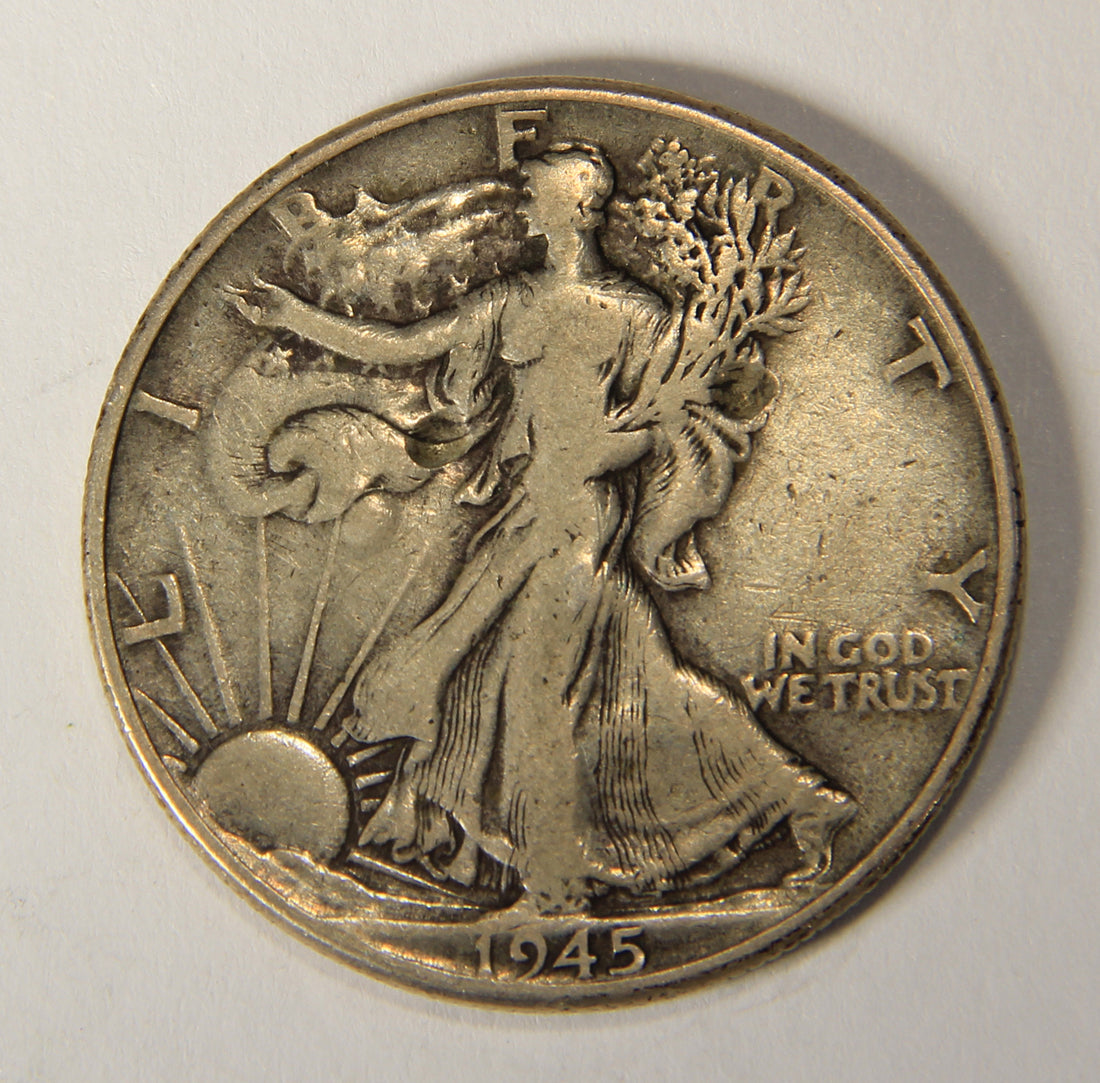 1945 United States 50 Cents Walking Liberty Half Dollar Silver Coin .900 DAMAGED L021926