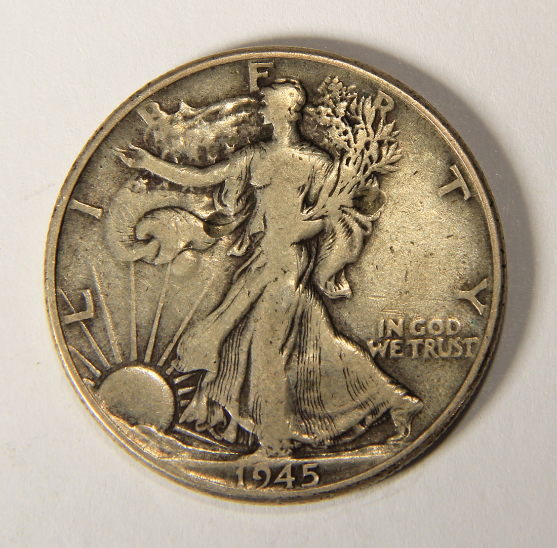 1945 United States 50 Cents Walking Liberty Half Dollar Silver Coin .900 DAMAGED L021926