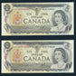 Canada $1 Dollar 1973 BC-46a Banknotes 2x Consecutive EF - AC31193067-8 One Dollar L021934