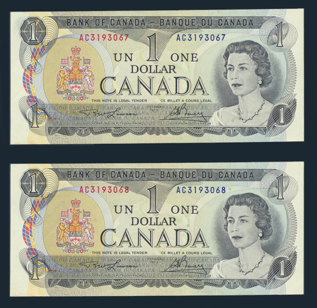 Canada $1 Dollar 1973 BC-46a Banknotes 2x Consecutive EF - AC31193067-8 One Dollar L021934