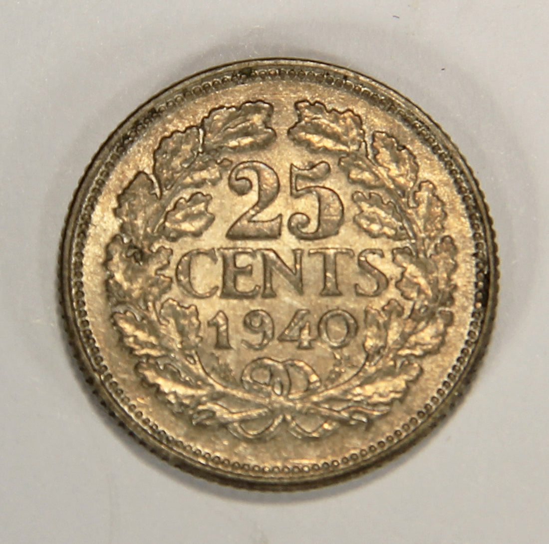 1940 Netherlands 25 Cents Queen Wihelmina - Silver Coin .640 Twenty-Five Cents L022010