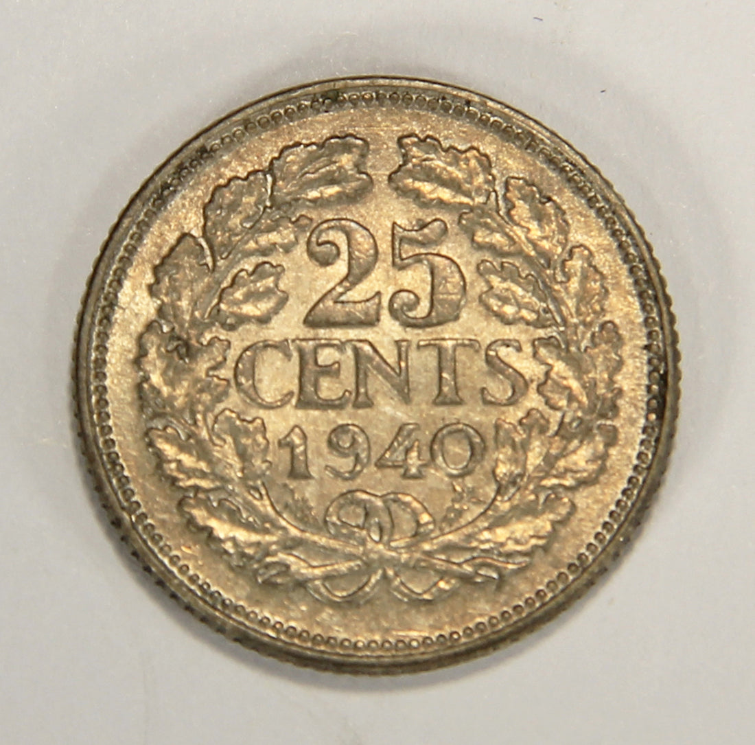 1940 Netherlands 25 Cents Queen Wihelmina - Silver Coin .640 Twenty-Five Cents L022010