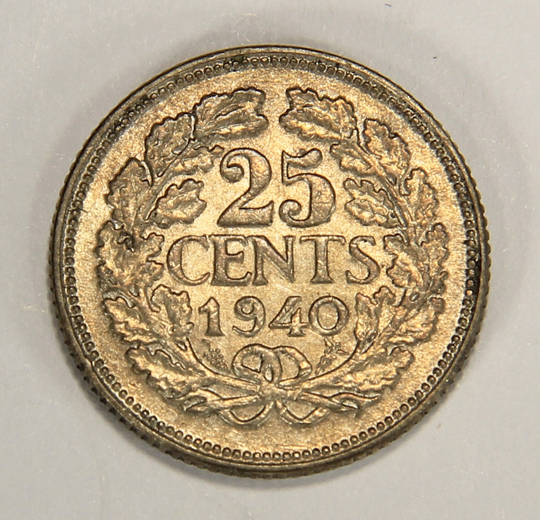 1940 Netherlands 25 Cents Queen Wihelmina - Silver Coin .640 Twenty-Five Cents L022010
