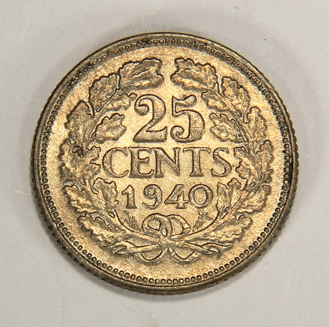 1940 Netherlands 25 Cents Queen Wihelmina - Silver Coin .640 Twenty-Five Cents L022010