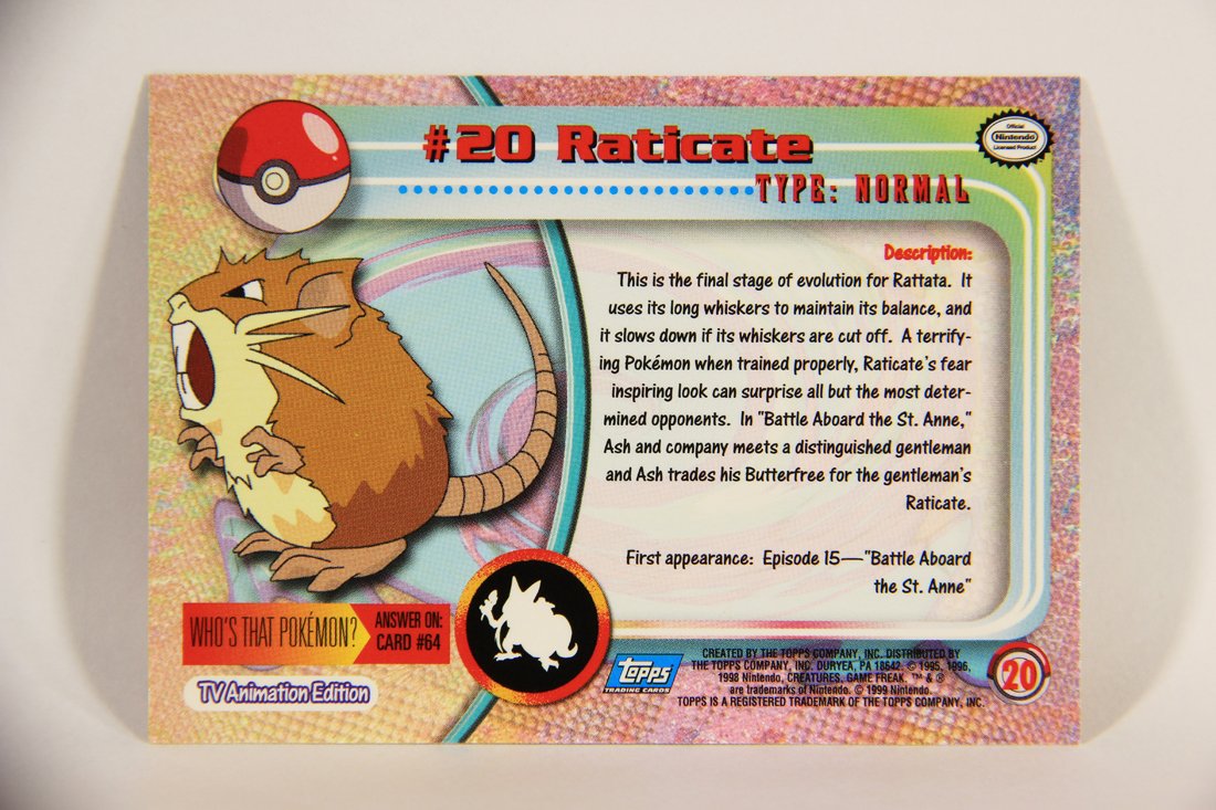 Pokmon Card Raticate #20 TV Animation Blue Logo 1st Print ENG L003842 AGS Collectibles Pokmon Card Raticate #20 TV Animation Blue Logo 1st Print ENG L003842 AGS Collectibles