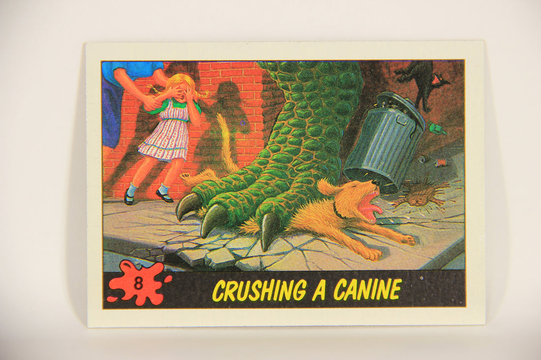 Dinosaurs Attack 1988 Vintage Trading Card #8 Crushing A Canine ENG L010052