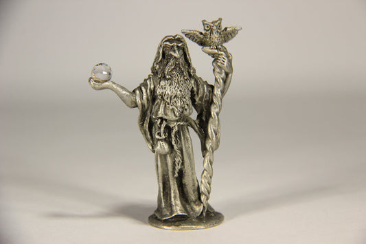 Vintage Pewter Figure Wizard With Staff Owl And Crystal Ball L010180