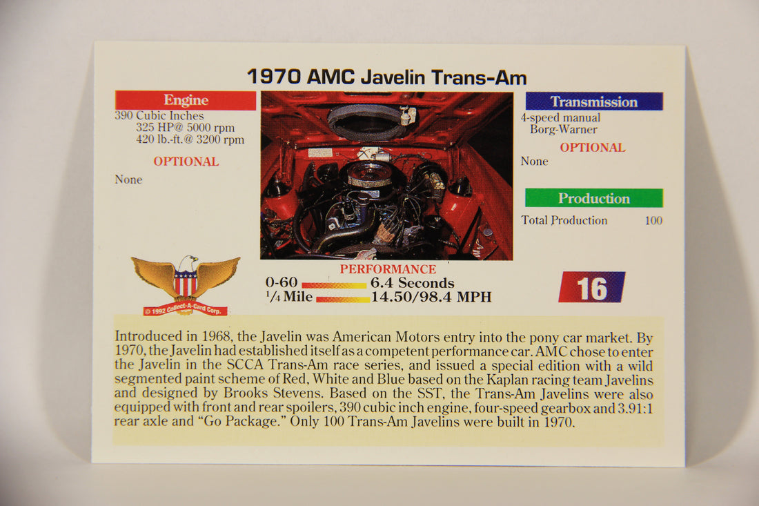 Musclecars 1992 Trading Card #16 - 1970 AMC Javelin Trans-Am L011358