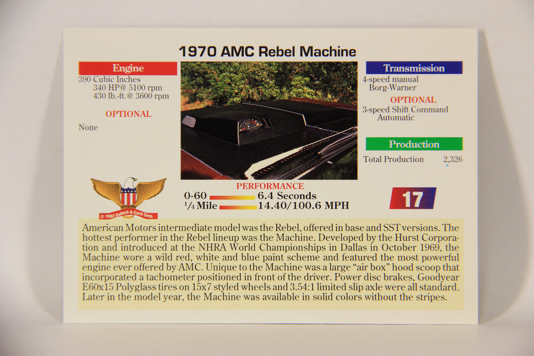 Musclecars 1992 Trading Card #17 - 1970 AMC Rebel Machine L011359