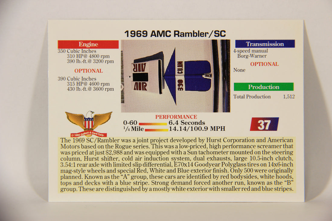Musclecars 1992 Trading Card #37 - 1969 AMC Rambler/SC L011379