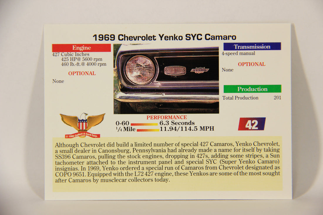 Musclecars 1992 Trading Card #42 - 1969 Chevrolet Yenko Camaro L011384
