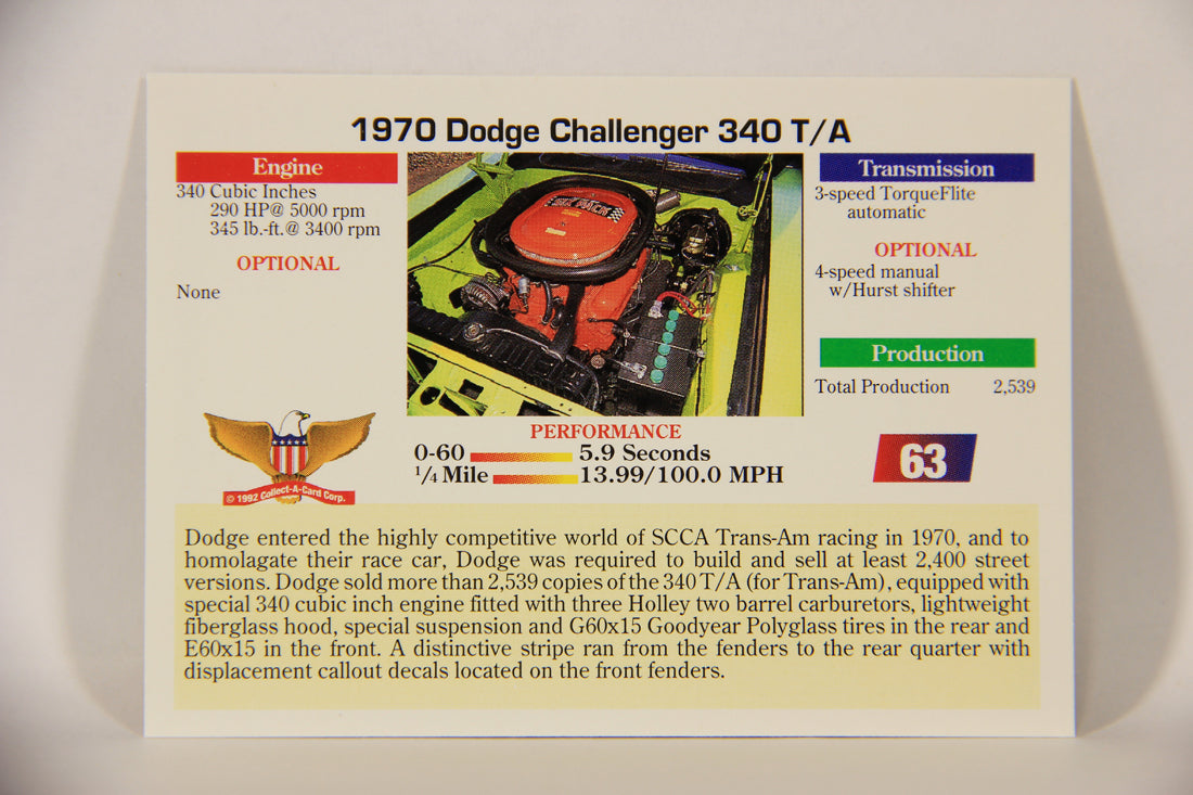 Musclecars 1992 Trading Card #63 - 1970 Dodge Challenger 340 T/A L011405