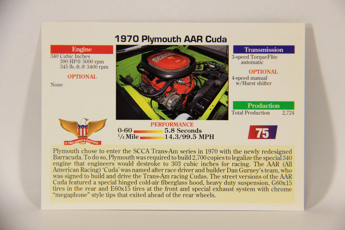 Musclecars 1992 Trading Card #75 - 1970 Plymouth AAR Cuda L011417