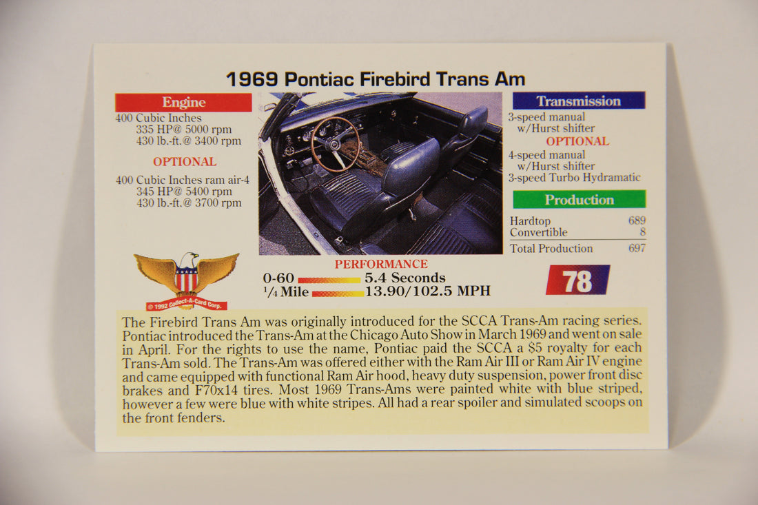 Musclecars 1992 Trading Card #78 - 1969 Pontiac Firebird Trans Am L011420