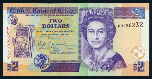 Belize 2 Dollars 2005 KP-66b Banknote AU-UNC L014465
