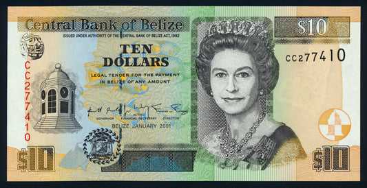 Belize 10 Dollars 2001 KP-62b Banknote AU-UNC L014467