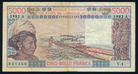 Ivory Coast 5000 Francs West African States 1982 KP-108Ai Banknote VF L014490