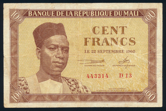 Mali 100 Francs 1960 KP-2 Banknote F-VF L014497