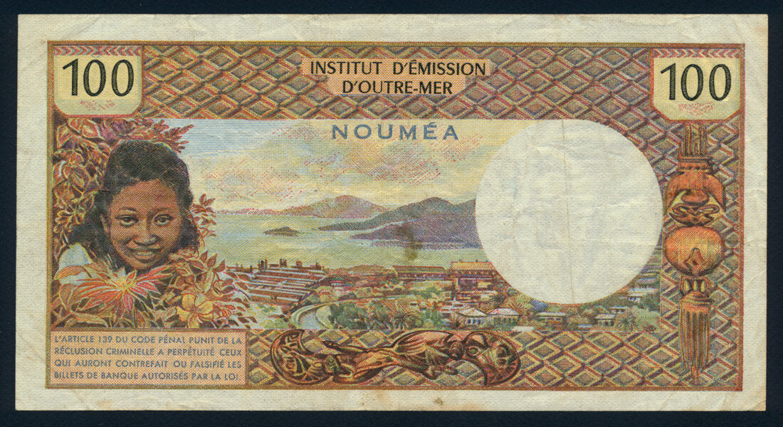 New Caledonia 100 Francs Noumea Overprint 1971 KP-63a Banknote VF L014502