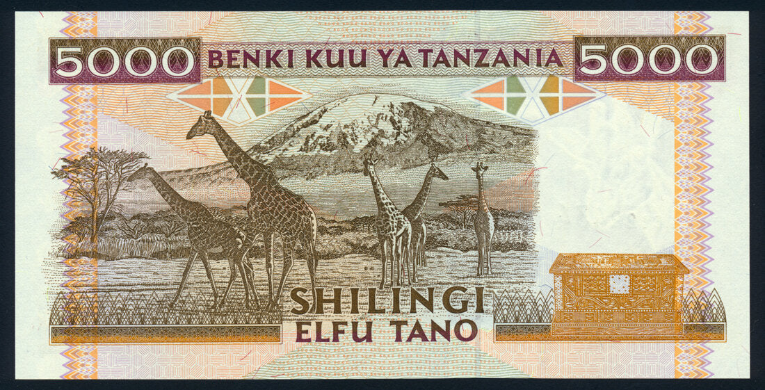 Tanzania 5000 Shilingi 1995 KP-28 Giraffe And Rhino Banknote AU-UNC L014520