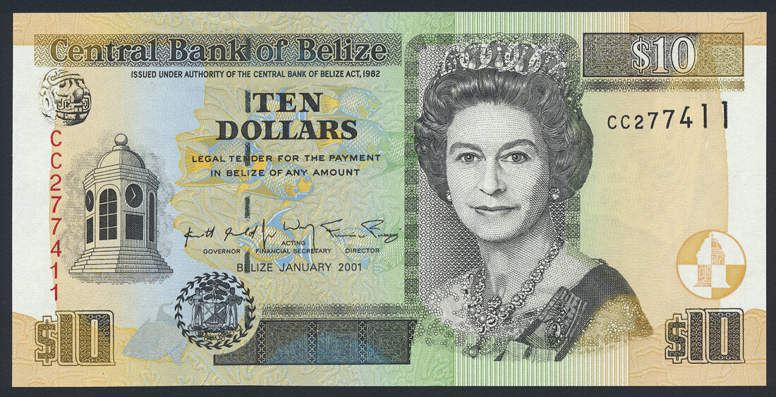Belize 10 Dollars 2001 KP-62b Banknote AU-UNC L014545