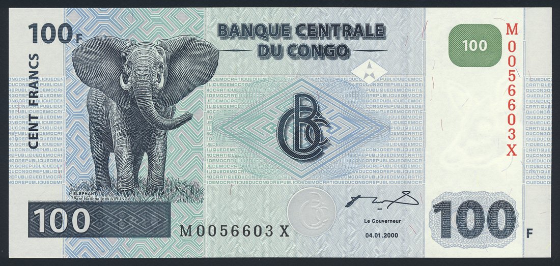 Congo Democratic Republic 100 Francs 2000 KP-92A Banknote UNC Elephant L014547