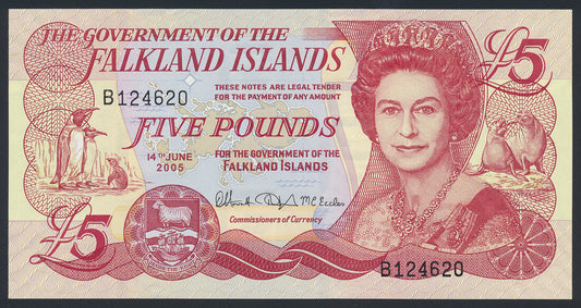 Falkland Islands 5 Pounds 2005 KP-17a Banknote AU ++ Penguins And Seals L014558