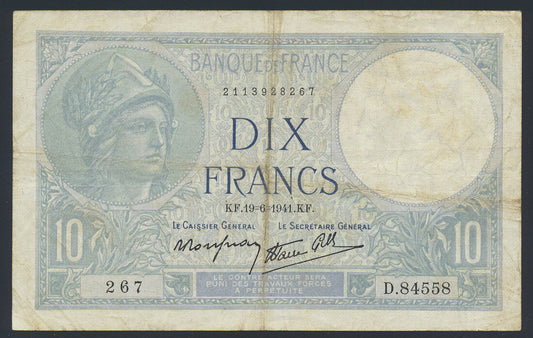 France 10 Francs 1941 KP-84 Banknote Fine Minerve L014560