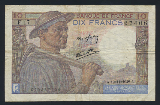 France 10 Francs 1942 KP-99b Banknote VF L014561