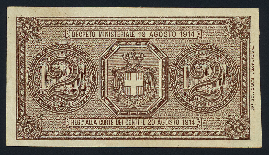 Italy 2 Lire 1914-17 KP-37b Banknote EF +++ L014568