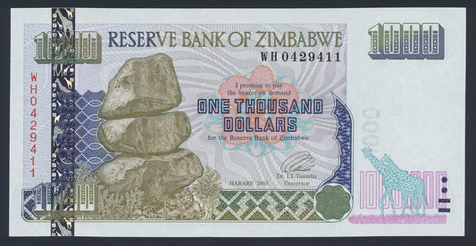 Zimbabwe 1000 Dollars 2003 KP-12a Banknote Large Digits Variant UNC Elephants L014598