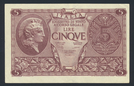 Italy 5 Lire 1944 KP-31c Banknote VF-EF L014659