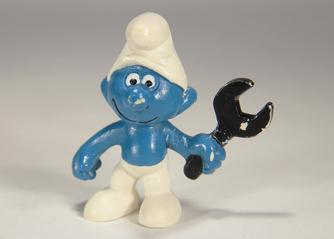 Smurfs 20012B Mechanic Smurf Black Wrench 1970 Vintage Figure PVC Toy Peyo Schtroumpfs L015746